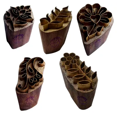 Produktbild von Blumen Messing Holz Stempel (Set von 5) - DIY Ton, Keramik Blöcke
