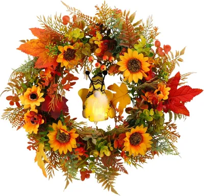 Produktbild von Türkranz Herbst 45cm Künstlicher Sonnenblumenkranz Herbstdeko mit Ahornblättern und Biene Licht für Haustür, Wand, Innen und Außen