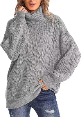 Produktbild von ASKSA Damen Rollkragen Pullover Elegant Rollkragenpullover Casual Langarm Stricken Pulli, Grau, M