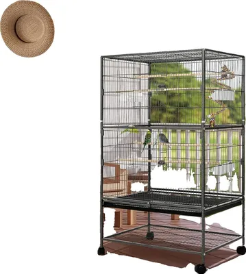 Obrázok produktu pre Klietka pre vtáky, kovová konštrukcia, 132 x 78 x 52 cm, 2 dvierka, 4 misy na krmivo, 4 kolieska