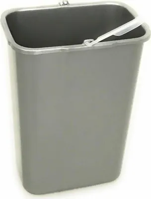 A gray rectangular trash can with a black handle and a white lid is shown against a white background.