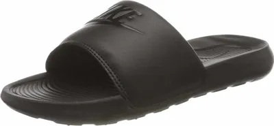 A black Nike slide sandal is shown from a side-angle on a white background.