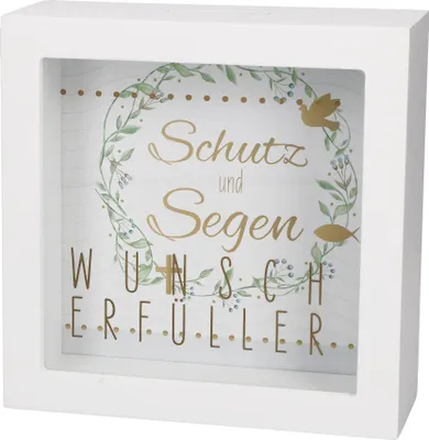 Produktbild von Butzon & Bercker Bilderrahmen-Spardose Wunscherfüller 14 x 14 x 5,5 cm - Holz 2-in-1 Geschenkbox zum Aufstellen, individualisierbares Hintergrundbild, Golddruck auf Glasscheibe, originelle Verpackung