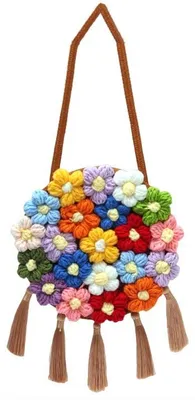 Produktbild von Unyqoos® Gehäkelte Schultertasche mit Blumenmuster – handgefertigt aus hochwertigen Acrylfasern, leichte, geräumige Umhängetasche mit Magnetverschluss für Damen