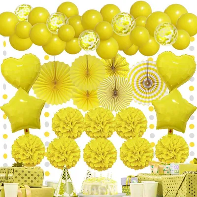 Image de Kit de décoration pour fête : éventails en papier jaunes, pompons, ballons, idéal pour anniversaire, mariage, baby shower