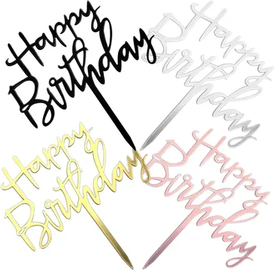 Four different colored 'Happy Birthday' cake toppers are displayed against a white background.