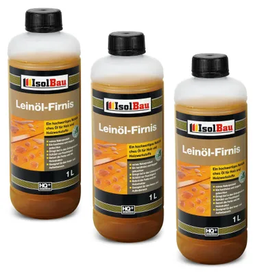 Produktbild von Isolbau Leinöl-Firnis - 3 x 1 Liter - Leinöl für Holz - Holzschutz für Außen und Innen Wetterfest - Doppelt gekochtes Holzöl als natürlicher Schutz