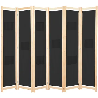 A room divider made of black fabric and wooden frames, shown from the front.