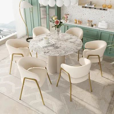 Immagine prodotto di MODFU, sedia da pranzo, confezione da 6 pezzi, sedia imbottita, sedia da cucina, sedia per il soggiorno, gambe dorate, colore bianco