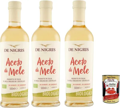 Produktbild von De Nigris Aceto di Mele, essig Apfelessig, Keine Farbstoffe – keine Konservierungsstoffe, Säuregehalt 5 %, 3x 500 ml + Italian Gourmet polpa 400g