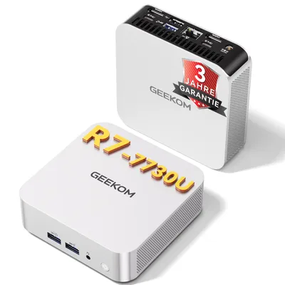 Produktbild von GEEKOM A7 Mini PC, AMD Ryzen 7 7730U, 32GB RAM, 500GB SSD, bis 64GB+4TB, vorinstalliertes System, Dual 2,5G LAN, Wi-Fi 6E, BT 5.4, 4 Modi, SD-Slot, 8K