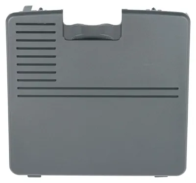 A flat, gray plastic case with a handle and vents is shown from a top-down perspective.