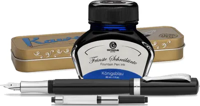 Produktbild von Kaweco Student Füllhalter mit 30 ml Füllhaltertinte, Konverter und Metalletui Black, Blau