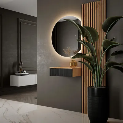 Produktbild von Planetmöbel AMYRA Garderoben Set 50 cm in Gold Eiche / Schwarz, AUBE Spiegel & Akustikpaneel