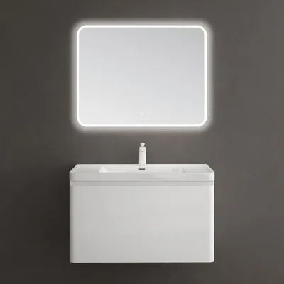 Image de doporro Meuble de Salle de Bain Suspendus Blanc 90x48x50cm Ensemble de 3 Pièces Meuble avec Lavabo et Miroir Design Ancona