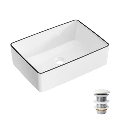 Productafbeelding van HOROW wastafel, 50 x 42 cm, wandmontage, met keramische pop-up afvoer, glanzende opzetwastafel, wastafel, witte handwastafel voor badkamer en gastentoilet