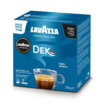 A product shot of a box of Lavazza Dek coffee capsules.