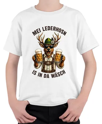 Produktbild von Mei Lederhosn is in da Wäsch Hirsch Bier Trachtenshirt Lederhose Kinder T-Shirt, Weiß, 104