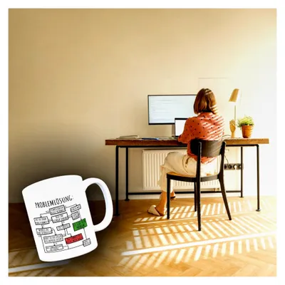 Produktbild von Ablaufdiagramm zur Problemlösung Kaffeebecher mit witzigem Motiv für das Büro