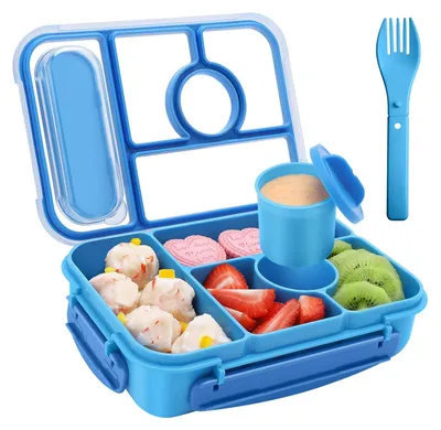 Produktbild von Lunchbox für Kinder mit Fächern, Bento-Box für Kinder, Lunchbox für Erwachsene, 1300 ml Lunchbox mit 5 Fächern und Soßenbehältern, mikrowellen- und spülmaschinengeeignet, BPA-frei (blau)