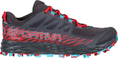 Trailrunning-Schuhe "Lycan Woman Gtx" von La Sportiva in Grau mit roten und blauen Akzenten.