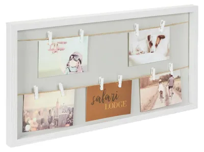 Produktbild von Relaxdays Bilderrahmen mit Wäscheleine, 10 Klammern, für Fotos, Post-& Konzertkarten, Fotoboard zum Aufhängen, weiß/grau