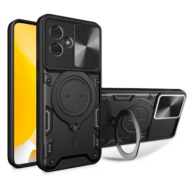 A black phone case with a magnetic ring stand and a sliding camera cover is shown against a white background. A yellow-screened phone is partially visible behind the case.