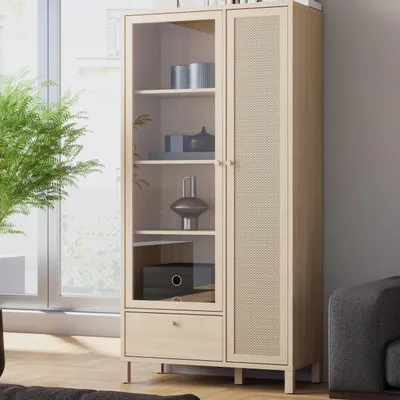 Produktbild von Forte SKELBIT Vitrine 90, Vitrinenschrank im Boho-Stil, 2-türig, 1 Schublade, Holzwerkstoff, Wohnzimmer, Elegancia Eiche Holzdekor|Technorattan, 86,3 cm breit x 175,3 cm hoch x 42 cm tief