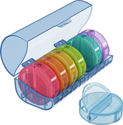 Produktbild von WELLGRO runde Tablettenbox für 7 Tage - Pillendose bunt 2 Fächer pro Tag - Klappdeckel mit Druckverschluss - BPA-freier Kunststoff - Farbe wählbar