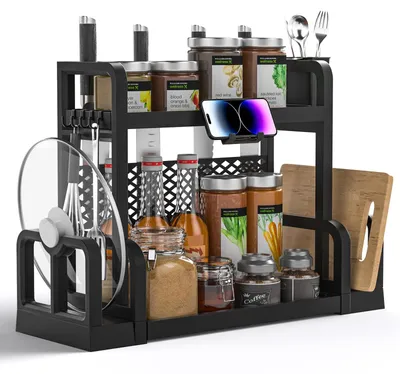 Productafbeelding van Tweelaags onderkastplank, opbergoplossing voor badkamer en keuken met haken, ophangklemmen en multifunctionele keukenplank