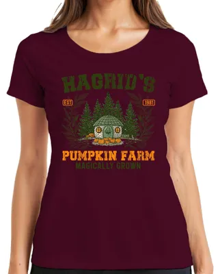 Imagen del producto de Camiseta para mujer, estilo vintage, con diseño de la granja de calabazas de Hagrid, "Harry Potter", ideal para Halloween y otoño. Color: burdeos. Talla: M