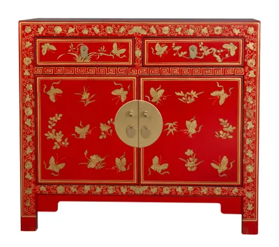 Image de Fine Asianliving Armoire chinoise Lucky Rouge Papillons peints à la main - Collection Orientique L90xP40xH80cm Armoire chinoise Armoire chinoise de mariage Meubles orientaux asiatiques