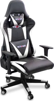 A black and white gaming chair with lumbar and headrest pillows.