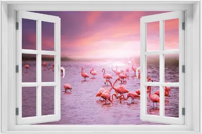 Produktbild von Wallario Wandbild mit Fenster-Illusion: Rosa Flamingos bei Sonnenuntergang, Größe: 61 x 91,5 cm, Poster mit weißem Aluminiumrahmen