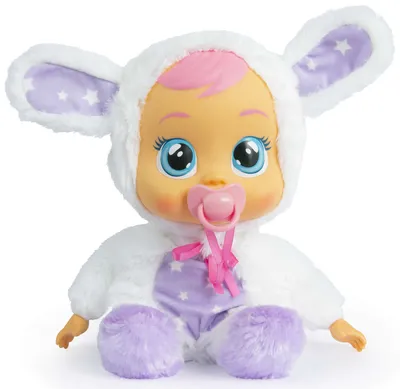 A baby doll wearing a white bunny costume with purple stars.