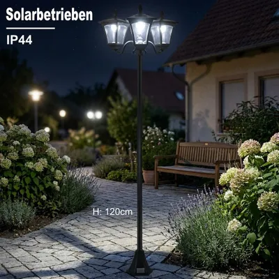 Produktbild von Solar Kandelaber 3-flammig 182,5cm, 120 Lumen Solar Standleuchte Garten mit Lichtsensor, IP44 Edelstahl Wegeleuchte Dimmbar (HIGH/LOW),  Gartenleuchte
