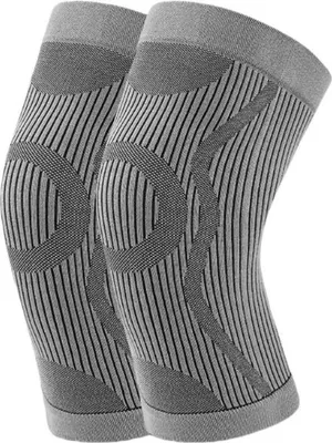 A pair of grey knee braces with black vertical stripes and a patterned design around the knee area, presented against a white background.