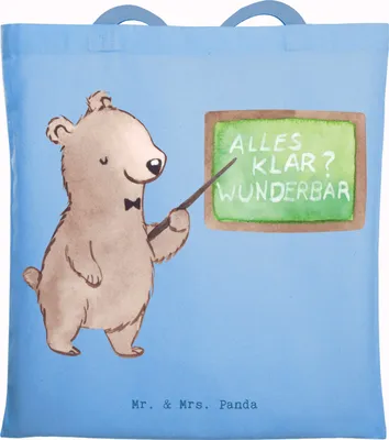 Produktbild von Mr. & Mrs. Panda Schultasche Sachkundelehrer Herz - Sky Blue - Geschenk, Stoffbeutel, Sachkundeunterricht, Tragetasche, Unterricht, Grundschule, Tasche, Beutel, Tote Bag