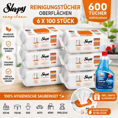 Produktbild von Sleepy Easy Clean Oberflächenreinigungstücher – 6x100 Orange + Glasreiniger GRATIS