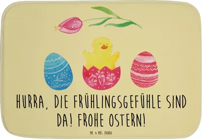 Produktbild von Mr. & Mrs. Panda Badezimmerteppich Küken Schlüpfen - Gelb Pastell - Geschenk, duschmatte, Grüße, Ostereier, Badvorleger, Ostern, Frohe, Badematte, Duschvorleger