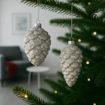 Produktbild von Weihnachtsbaumbehang 2er Set Zapfen Weiß Glitzer