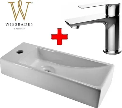 Produktbild von 2-in-1-Set Wiesbaden: CASMA, Waschtischarmatur chrom + Kleines Keramik-Waschtischbecken 38x14cm TRIM, weiß, links