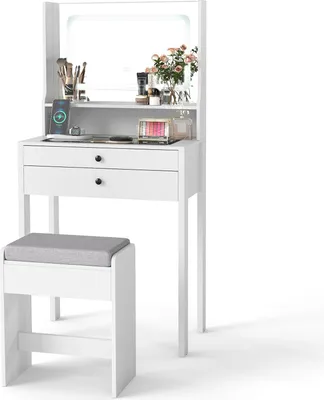 A white vanity table with a mirror and stool, set against a white background.