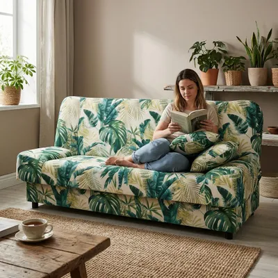 Produktbild von Schlafsofa SARA Poly – Monstera-Design, Webstoff in Grün, Family Meble, KI-generiertes Bild