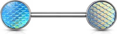 Produktbild von viva-adorno Nippel Barbell Piercing Stab Brustpiercing 316L Chirurgenstahl Fischschuppen holografisch farbig schillernd Rückseite flach Z536ni, silber aqua