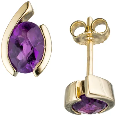 Produktbild von JOBO Ohrstecker oval 333 Gold Gelbgold 2 Amethyste lila violett Ohrringe