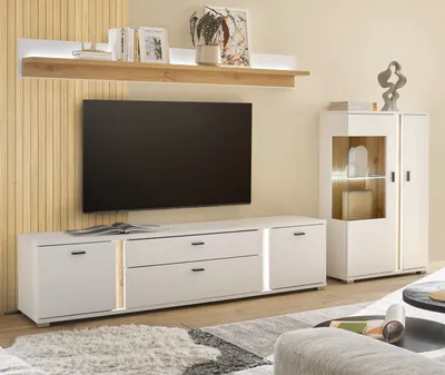 Produktbild von Wohnwand "Bellport" weiß und Eiche, Wohnkombination 290 cm inkl. LED und Soft-Close