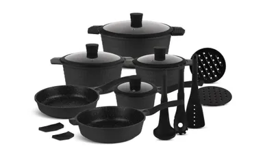 Produktbild von Schwarze Töpfe mit Bratpfannen und Kasserolle Glasdeckel Keramik Marmor 15 tlg