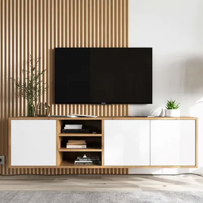 Produktbild von TV-Wandschrank TV-Schrank Fernsehschrank Apollo Loft Style Dreitürig Modern Lindner Möbel  150cm x 39cm x 35cm Farbe: Wotan Eiche matt - weiß matt