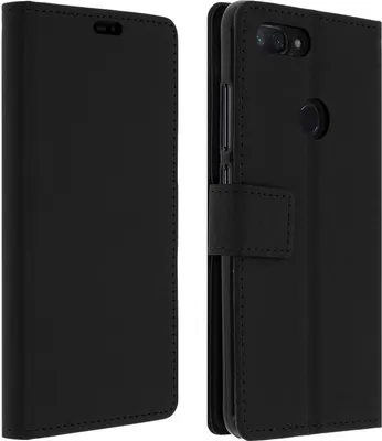 A black flip-cover phone case is shown from two angles.